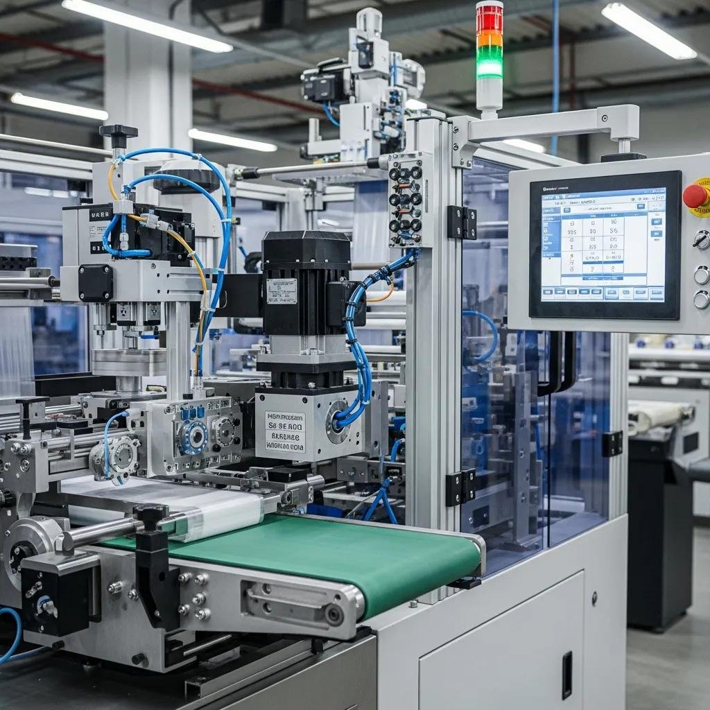 Máquina de fabricación de bolsas de sellado inferior con componentes avanzados, incluyendo control de motor servo, sistema de tensión cerrado y pantalla de control, optimizando la calidad y eficiencia en la producción de bolsas resistentes.
