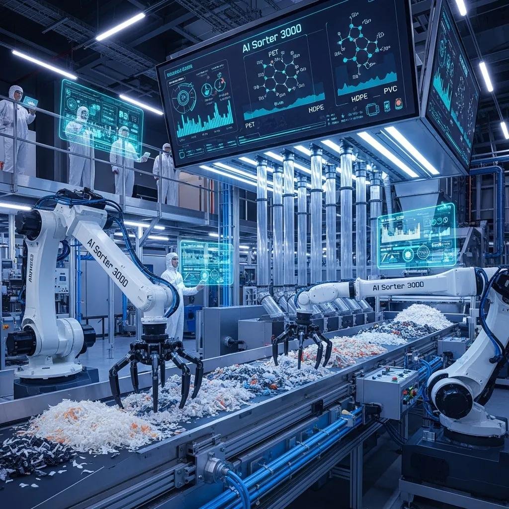 Robots automatizando el proceso de clasificaci&oacute;n de pl&aacute;sticos en una instalaci&oacute;n de reciclaje, con pantallas mostrando datos sobre tipos de pl&aacute;sticos como PET y HDPE, destacando el uso de tecnolog&iacute;as avanzadas como IA para mejorar la eficiencia en el reciclaje.