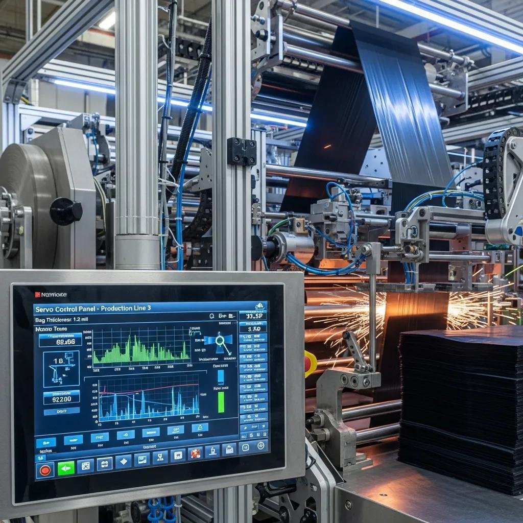 Panel de control servo en l&iacute;nea de producci&oacute;n de bolsas, maquinaria automatizada para fabricaci&oacute;n eficiente de bolsas de basura, destacando tecnolog&iacute;a avanzada y precisi&oacute;n en el proceso.