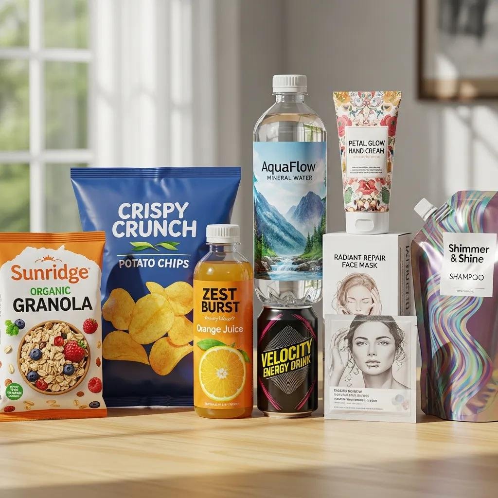 Productos de embalaje flexible, incluyendo bolsas de snacks, botellas de agua, y envases de cosméticos, destacando la impresión de alta definición y el uso de rotogravado en etiquetas de alimentos y bebidas.