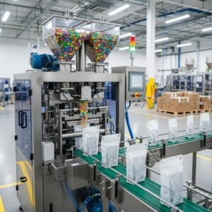 Máquina de envasado automático en una instalación de empaquetado, mostrando bolsas en una línea de producción eficiente y moderna.