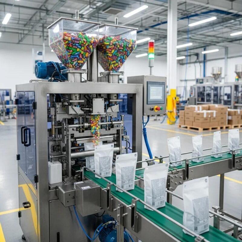 M&aacute;quina de envasado autom&aacute;tica en una instalaci&oacute;n de empaque, llenando bolsas con caramelos de colores, optimizando la eficiencia de producci&oacute;n en la industria del embalaje pl&aacute;stico.