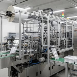 Máquina automática para fabricar bolsas de celofán en un entorno industrial moderno, mostrando el proceso de producción de empaques transparentes.
