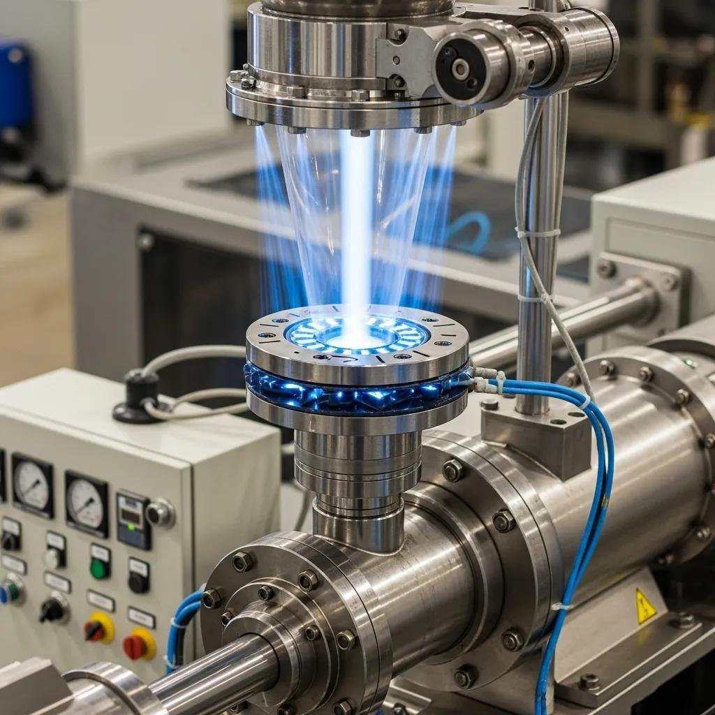 Máquina de extrusión de película soplada mostrando el proceso de formación de burbujas y enfriamiento, con componentes metálicos y controles visibles.