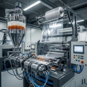 Máquina de extrusión de película soplada transformando pellets de polímero en film tubular, destacando la innovación en la fabricación de bolsas de plástico.
