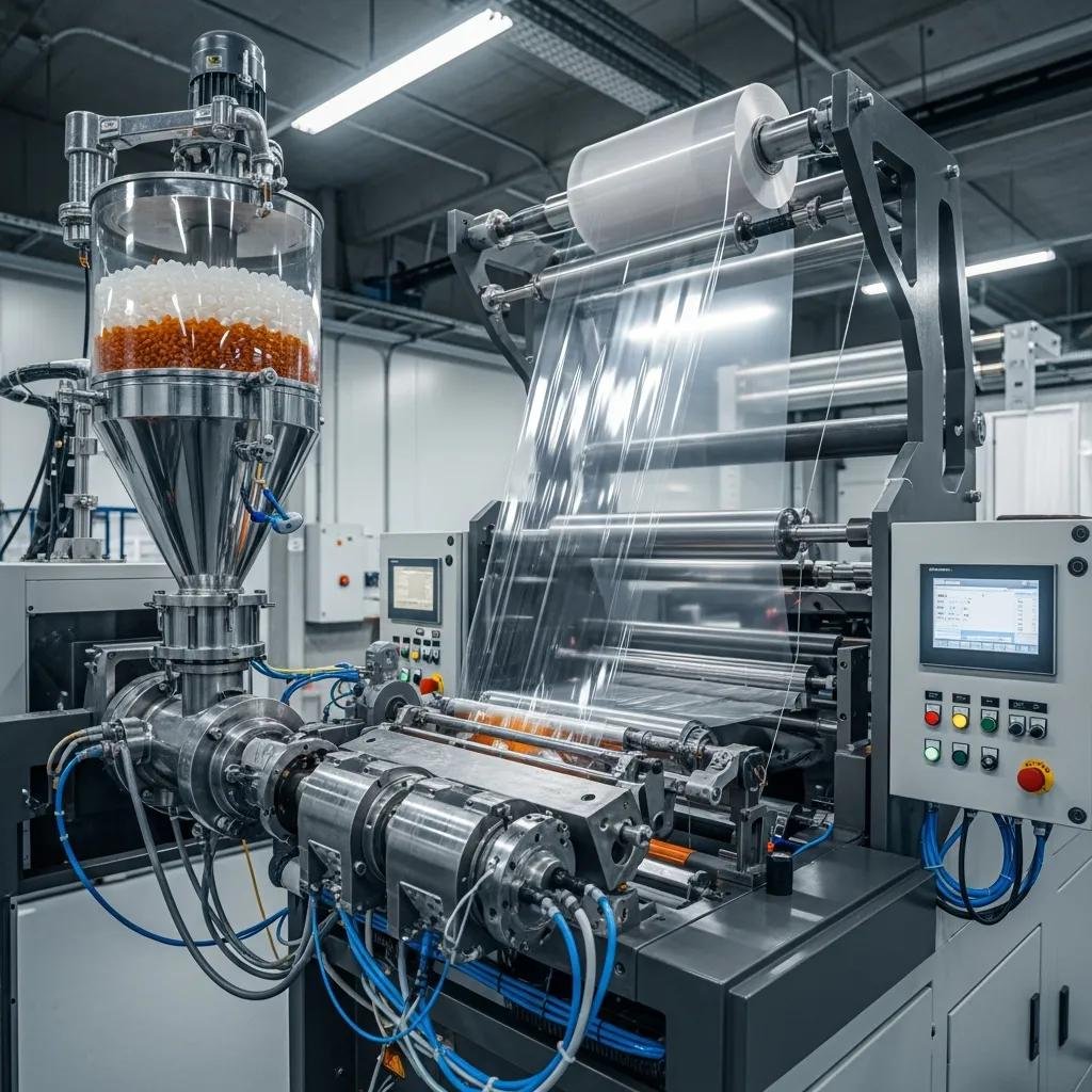 Máquina de extrusión de película soplada transformando pellets de polímero en película tubular, con sistema de enfriamiento y controles visibles.