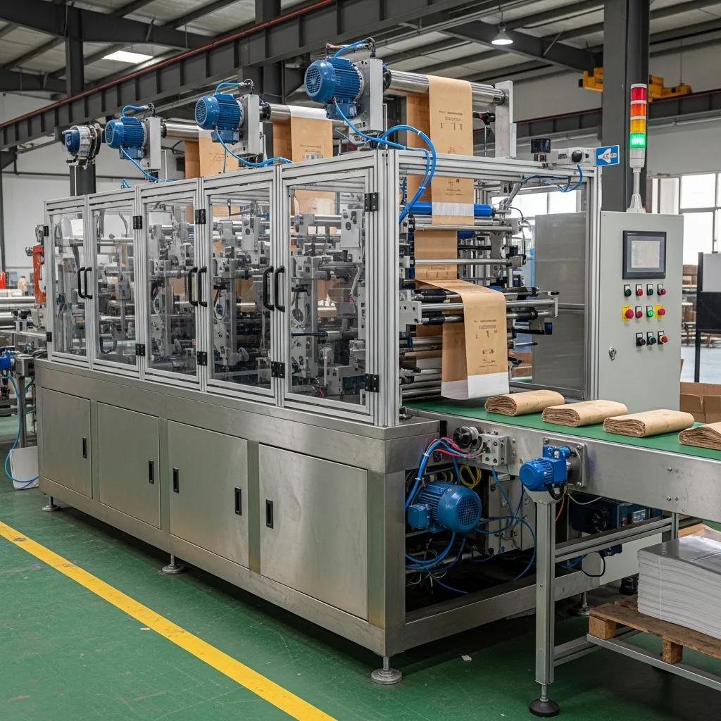 M&aacute;quina bolseadora de fondo en un entorno de f&aacute;brica, produciendo bolsas planas y con fuelle, destacando su dise&ntilde;o robusto y eficiente para el comercio minorista.