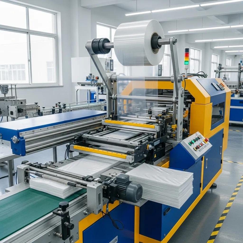 Máquina para hacer bolsas de fondo, produciendo bolsas de plástico resistentes con película enrollada y sistema de sellado en la parte inferior.