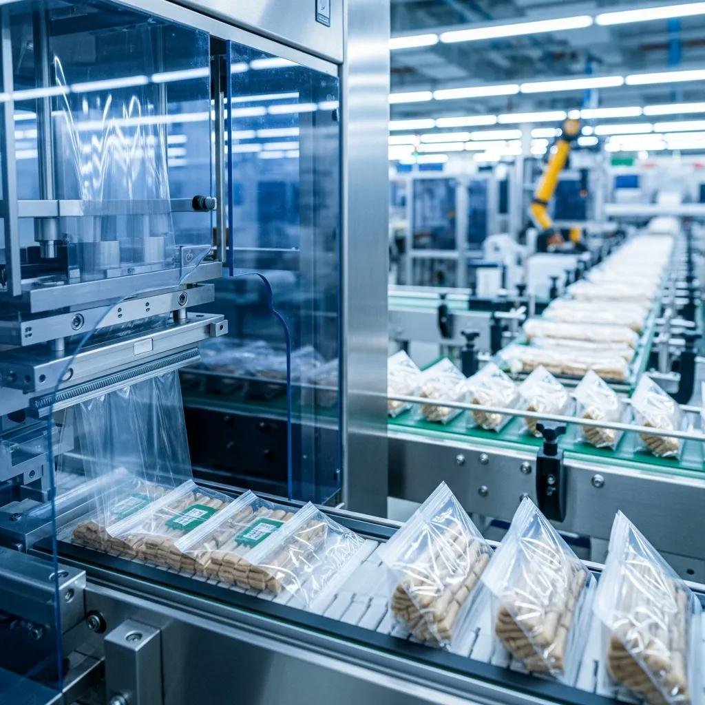 Máquina empacadora automática de celofán en línea de producción, sellado preciso y manejo de alta velocidad, mostrando bolsas transparentes con productos.