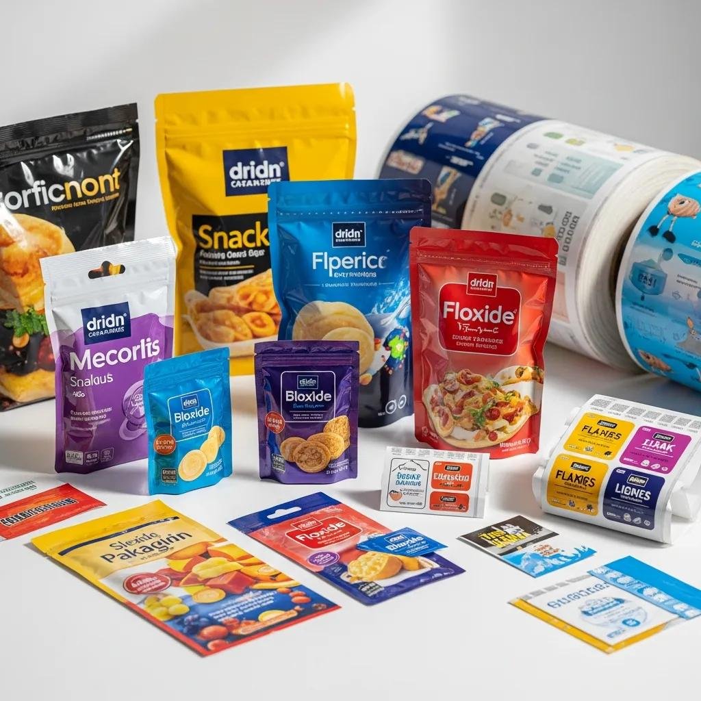 Variedad de productos de empaque flexible con etiquetas coloridas y diseños de impresión, destacando la flexografía para embalaje de alimentos.