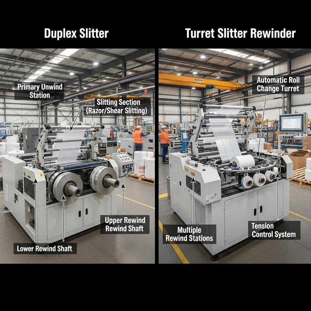 Comparaci&oacute;n de un slitter duplex y un rebobinador tipo turret en una f&aacute;brica, mostrando caracter&iacute;sticas para el envasado flexible, incluyendo estaciones de desenrollado, secciones de corte y sistemas de control de tensi&oacute;n.