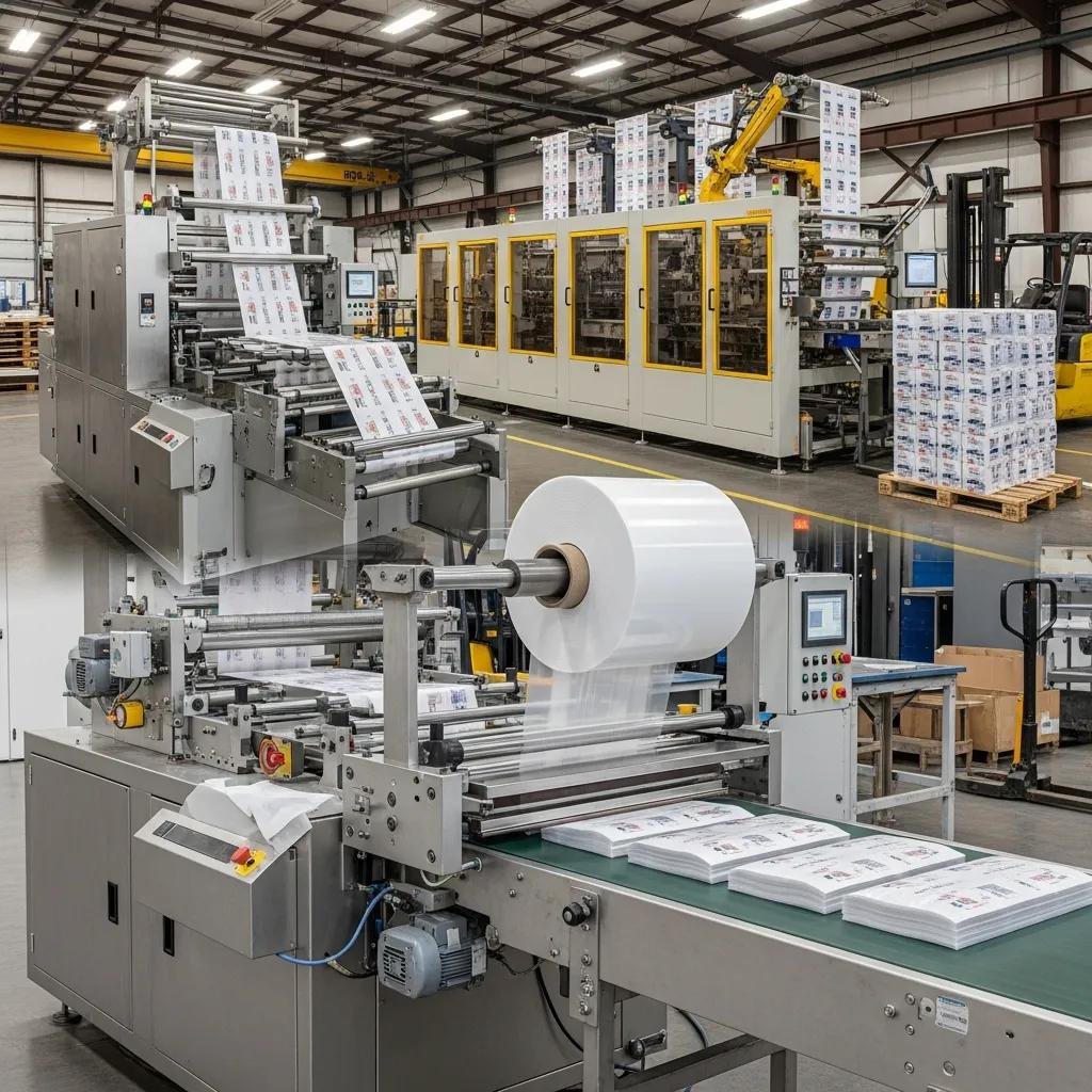 Máquina de fabricación de bolsas con rollos de película, mostrando el proceso de alimentación y formación de bolsas, en un entorno industrial optimizado para producción de empaques resistentes.