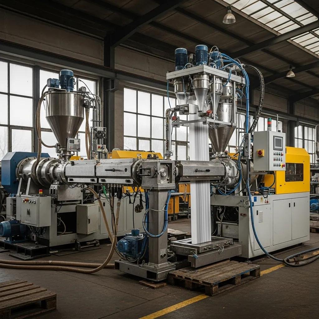 M&aacute;quina extrusora de film retr&aacute;ctil en un entorno industrial, mostrando componentes clave como tolvas de alimentaci&oacute;n, sistema de extrusi&oacute;n y control de proceso.