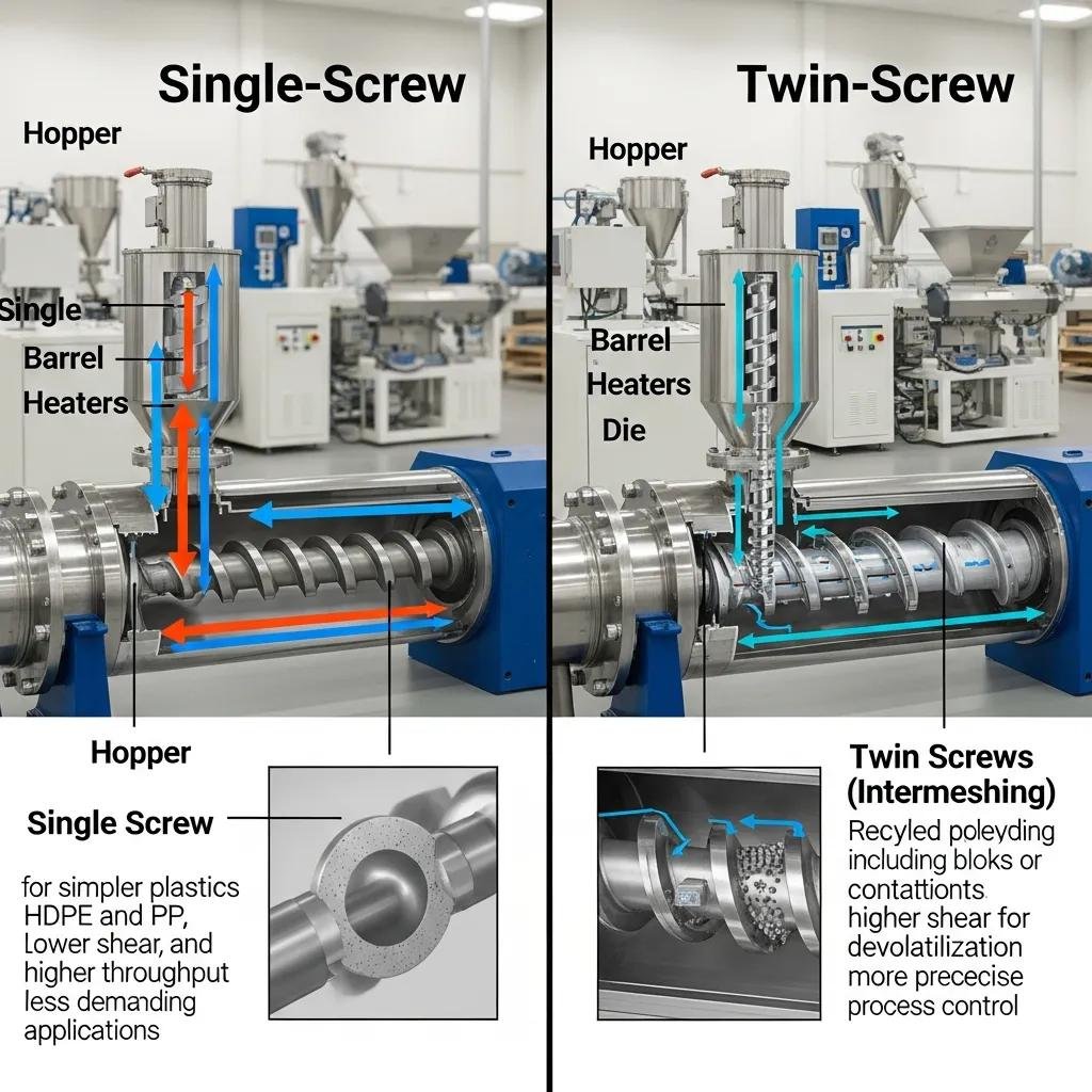 Comparativa de extrusoras de reciclaje de plástico de un solo tornillo y de doble tornillo, mostrando componentes como tolvas, calefactores de barril y el diseño de los tornillos en un entorno de fábrica.