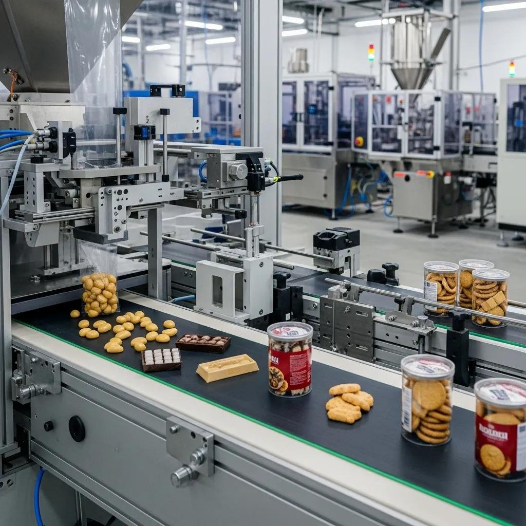 Máquina de envasado de celofán con productos alimenticios, incluyendo galletas y chocolates, en una línea de producción automatizada, destacando soluciones personalizadas para empaques.