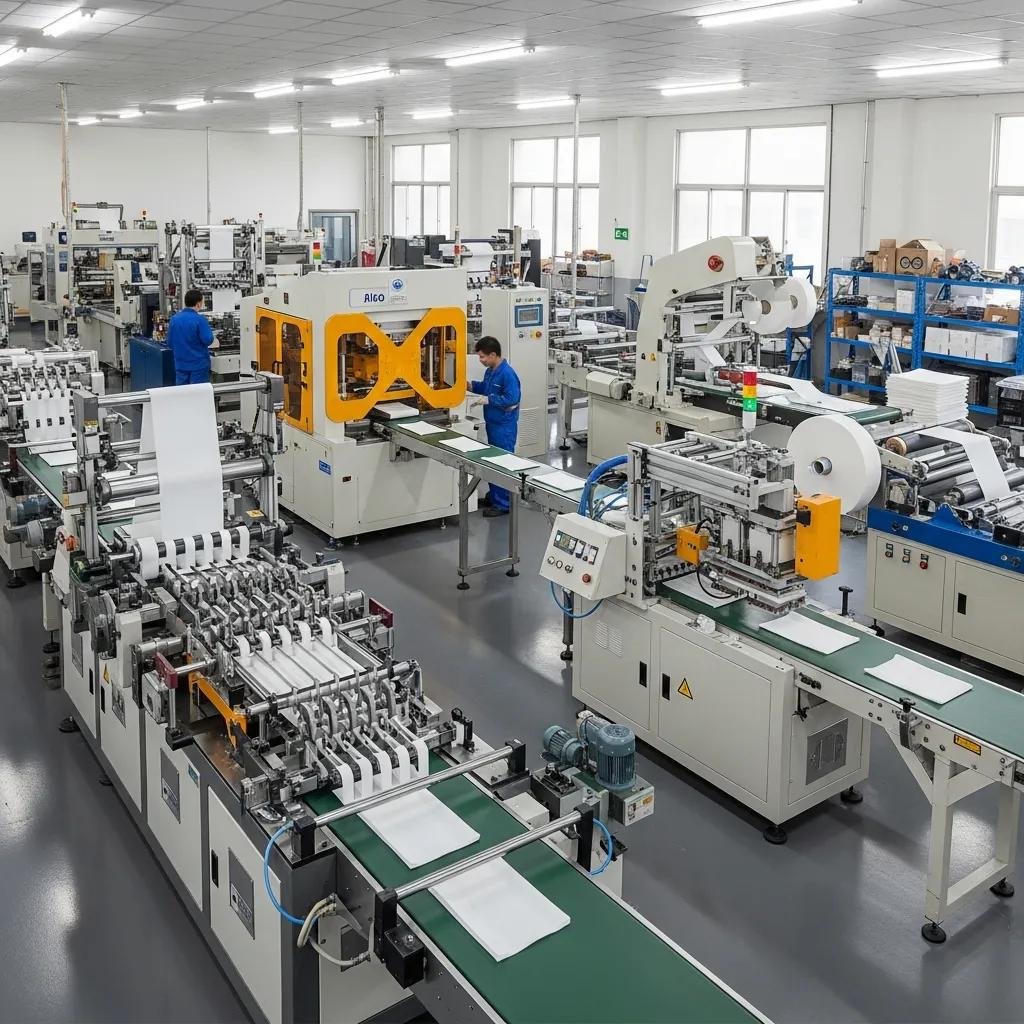 M&aacute;quinas en f&aacute;brica para la producci&oacute;n de bolsas de pl&aacute;stico con asas, operadas por personal, mostrando tecnolog&iacute;a avanzada y eficiencia en el proceso de fabricaci&oacute;n.