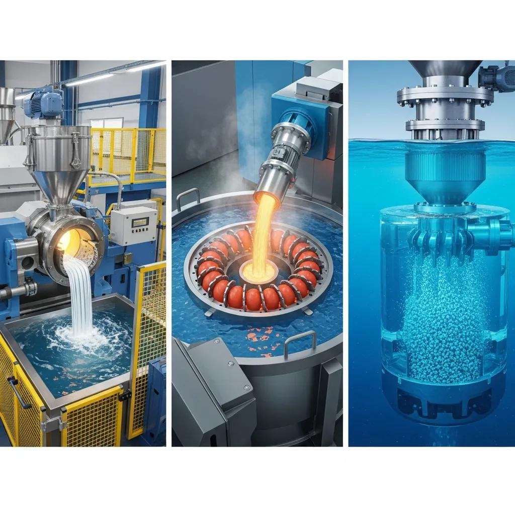 Diferentes tipos de peletizadoras de plástico: peletizadora de hebra, peletizadora de anillo de agua y peletizadora submarina, cada una en su respectivo entorno industrial, mostrando procesos de enfriamiento y producción de pellets.