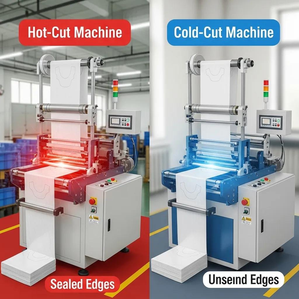 Máquinas bolseadoras de camiseta: máquina de corte caliente con bordes sellados a la izquierda y máquina de corte frío con bordes sin sellar a la derecha, en un entorno industrial.