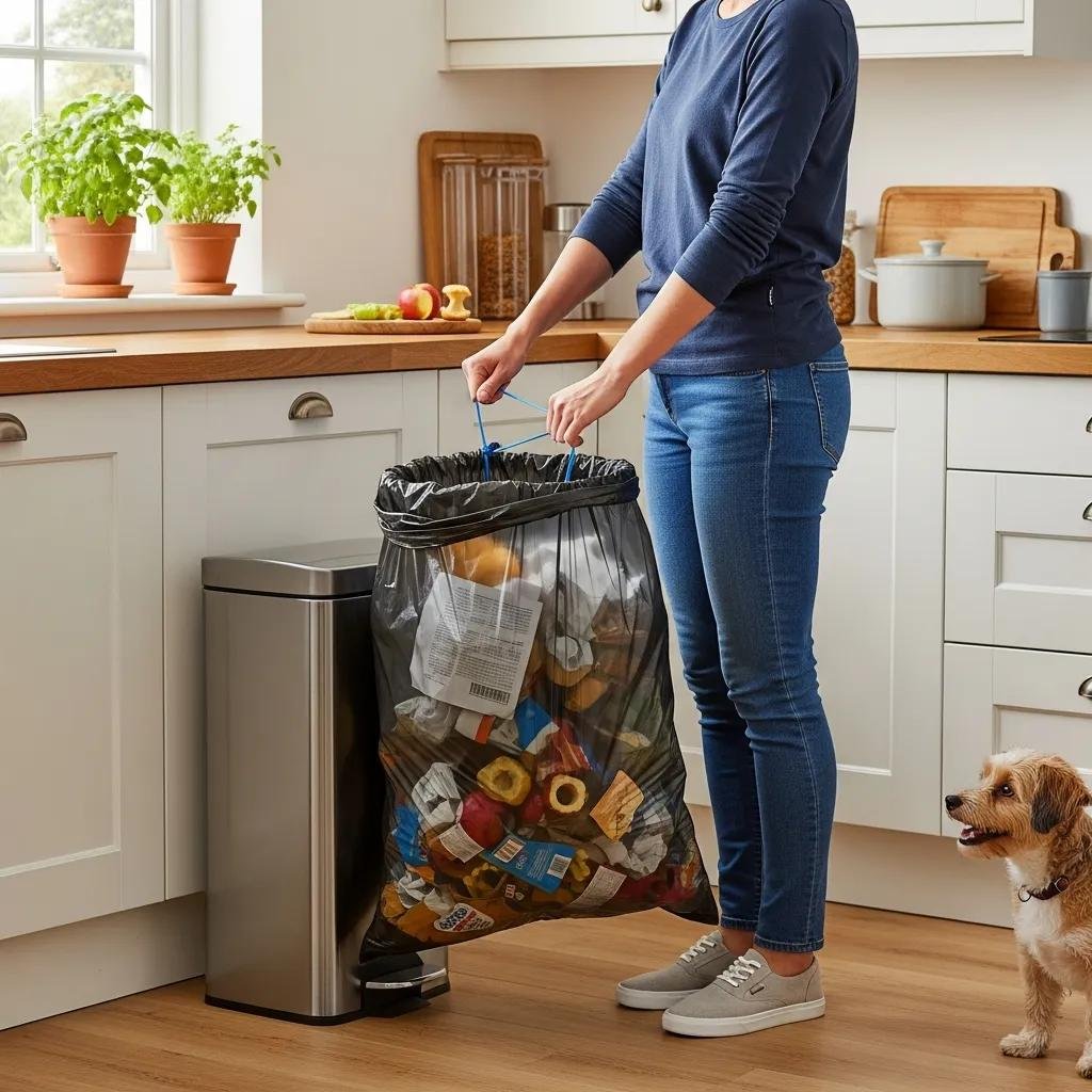Mujer en cocina sosteniendo bolsa de basura con cierre de drawtape, destacando la conveniencia y facilidad de uso en la gesti&oacute;n de residuos.