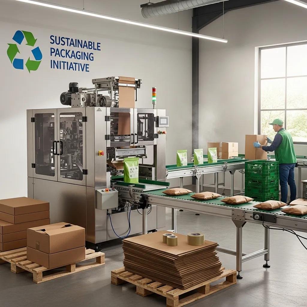 M&aacute;quina bolseadora autom&aacute;tica en un entorno de embalaje sostenible, con materiales ecol&oacute;gicos, operario colocando cajas, y logo de "Sustainable Packaging Initiative" visible.