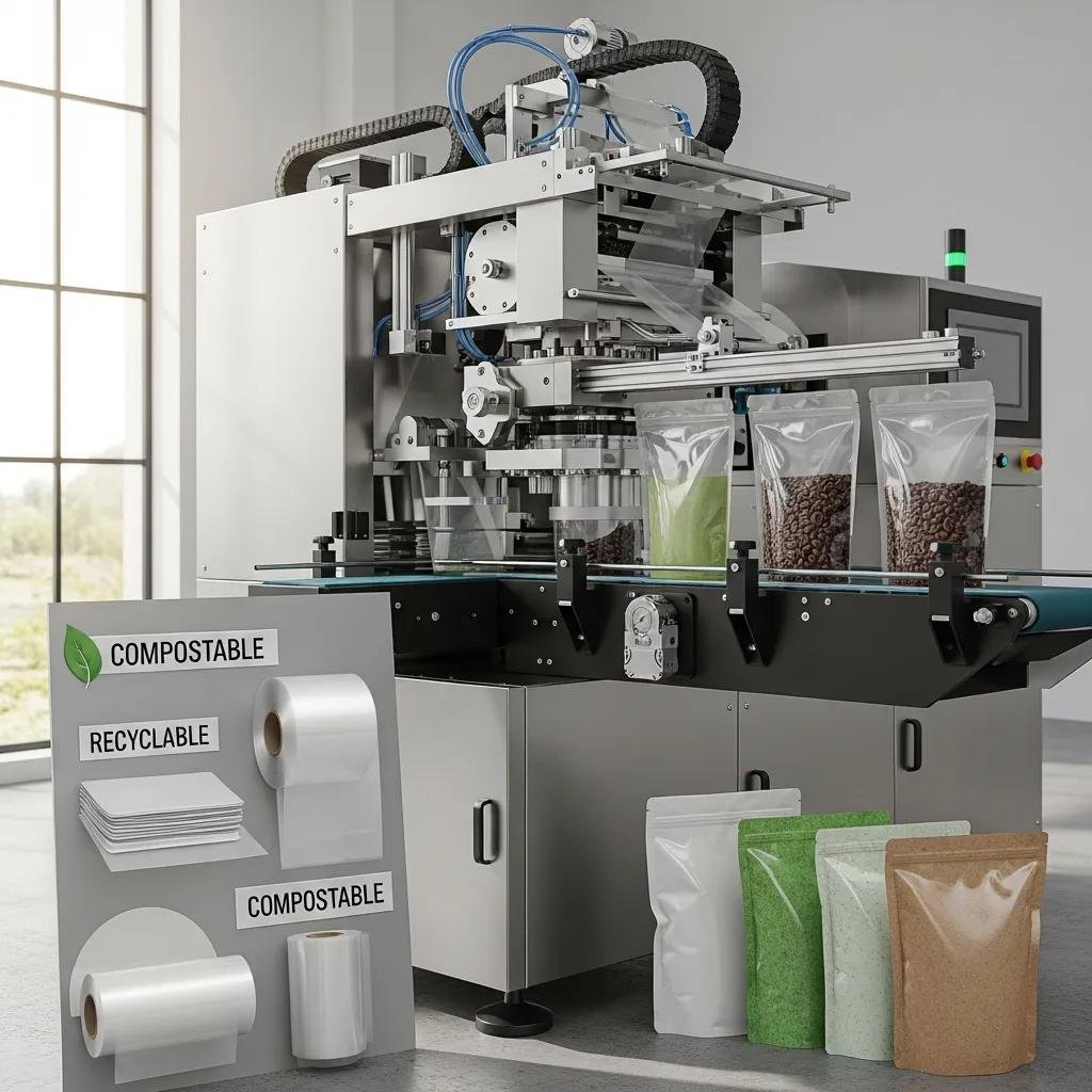 M&aacute;quina para empaques pouch mostrando bolsas transparentes con productos, materiales biodegradables y reciclables destacados, enfatizando la sostenibilidad en empaques flexibles.
