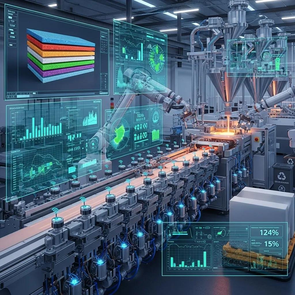 Tecnología de coextrusión futurista con maquinaria automatizada y sensores IoT, mostrando capas de películas multilayer y análisis de datos en un entorno industrial.
