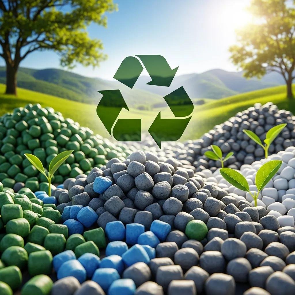 Ilustración de pellets de plástico reciclado en un paisaje natural, con símbolo de reciclaje y plantas verdes, destacando la sostenibilidad y los beneficios del peletizado en la economía circular.