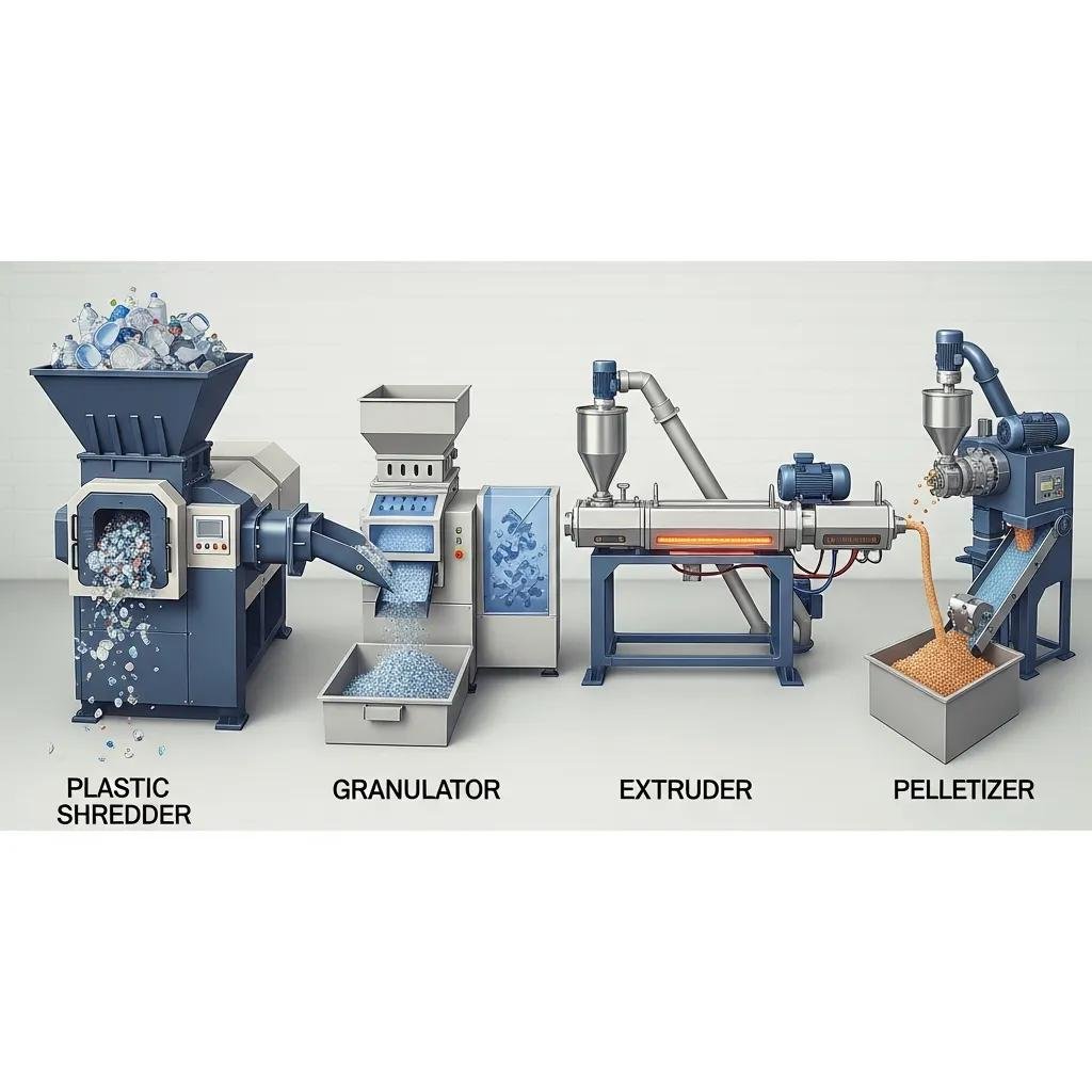 Ilustraci&oacute;n de m&aacute;quinas de reciclaje de pl&aacute;stico, incluyendo un triturador, granulator, extrusora y pelletizadora, destacando su papel en el proceso de reciclaje.