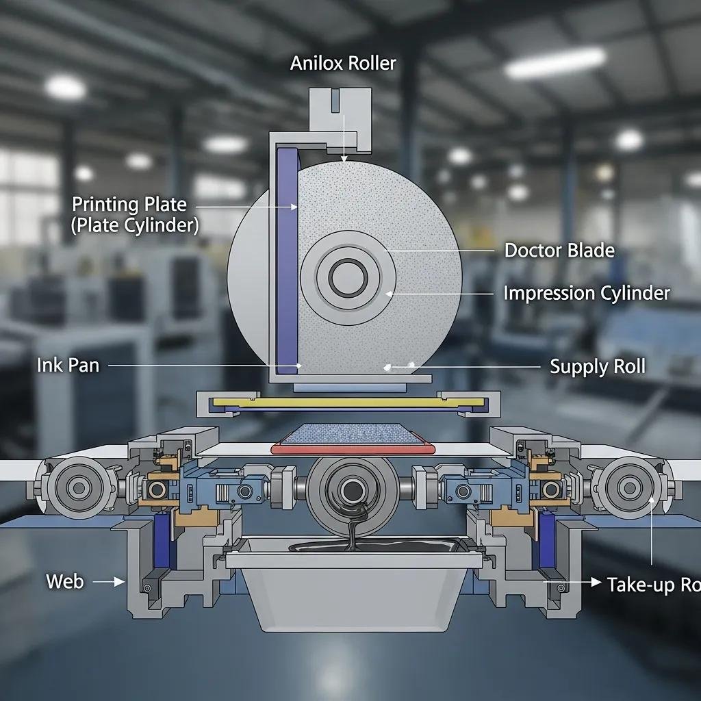 Componentes de una impresora flexográfica para plástico, incluyendo rodillo anilox, placa de impresión, cuchilla doctora, cilindro de impresión, y sistema de manejo de web, ilustrando el proceso de impresión y transferencia de tinta.