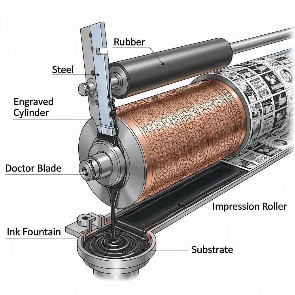 Cilindro grabado de impresora de huecograbado con sistema de cuchilla doctor, fuente de tinta y rodillo de impresión, ilustrando componentes clave para el control de tinta y calidad de impresión en envases plásticos.