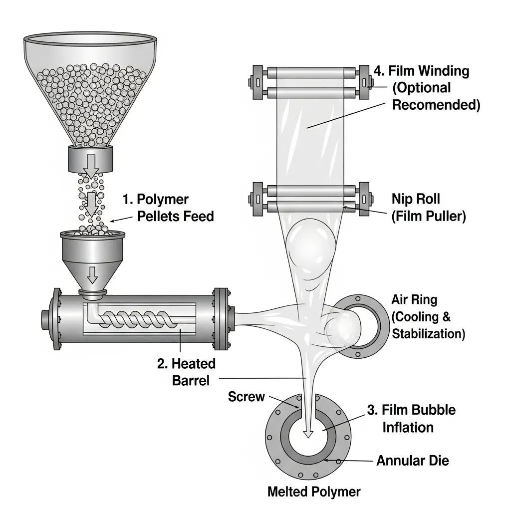 Diagrama del proceso de extrusión de película soplada, mostrando alimentación de pellets de polímero, barril calefaccionado, inflación de burbuja de película, anillo de aire para enfriamiento y estabilización, y enrollado opcional del film.
