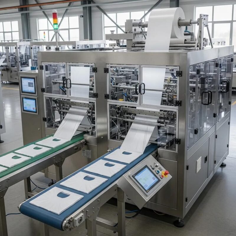 M&aacute;quina moderna para la fabricaci&oacute;n de bolsas de pl&aacute;stico, mostrando un proceso automatizado con rollos de material y bolsas en una l&iacute;nea de producci&oacute;n.