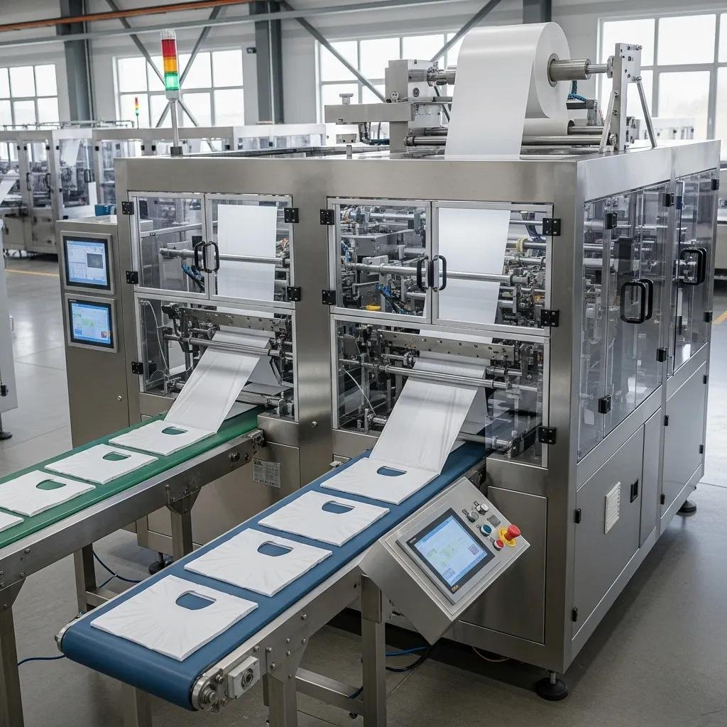 M&aacute;quina moderna para hacer bolsas de pl&aacute;stico, mostrando proceso de producci&oacute;n de bolsas tipo camiseta en un entorno industrial.