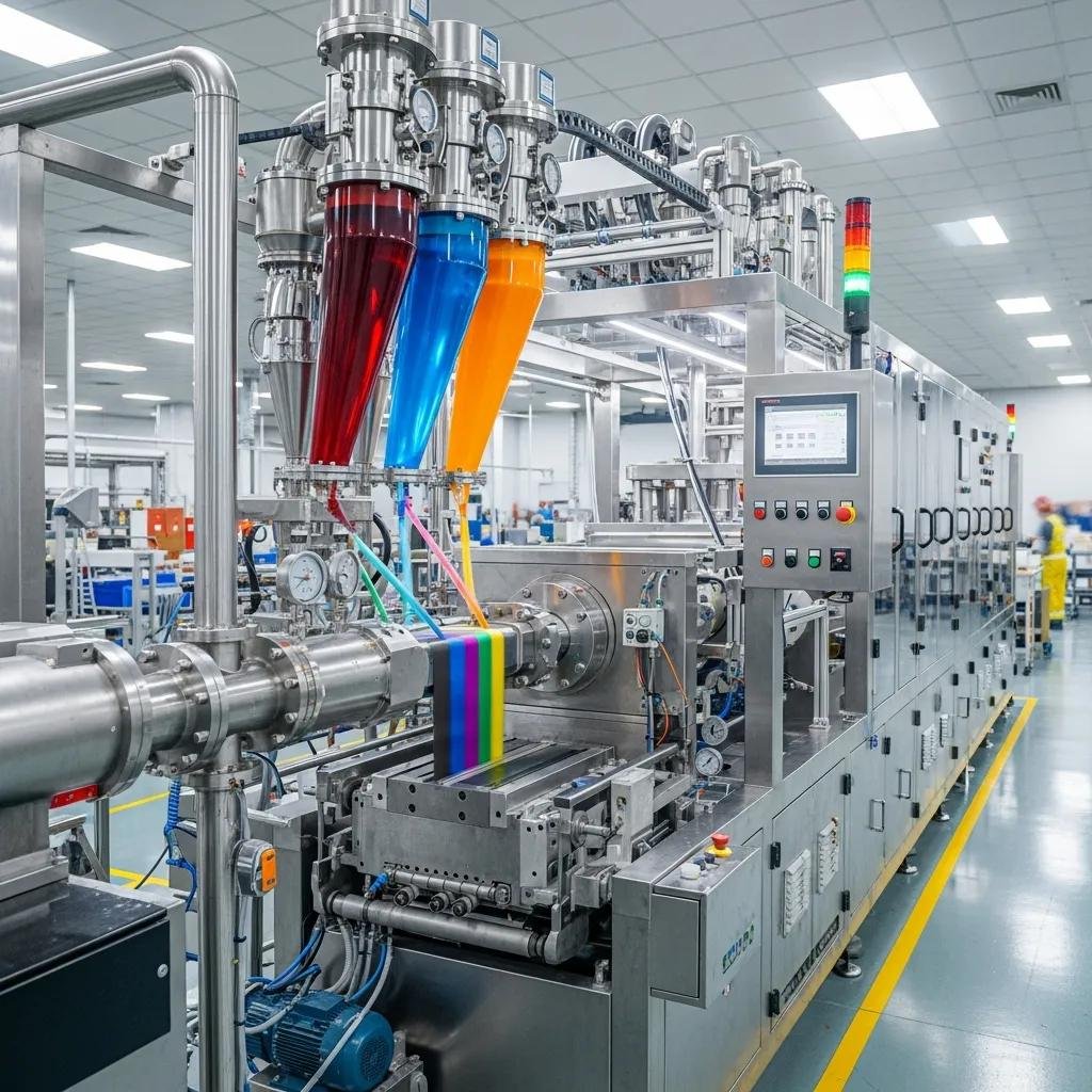 Máquina de coextrusión moderna produciendo películas multicapa en un entorno de fábrica, con tubos de polímero de colores brillantes y un sistema de control visible.