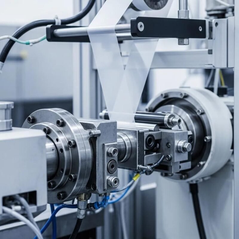 M&aacute;quina extrusora moderna produciendo pel&iacute;cula retr&aacute;ctil en un entorno industrial, destacando componentes met&aacute;licos y sistemas de control.