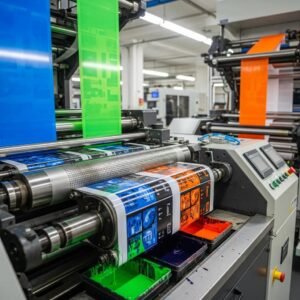 Impresora flexográfica moderna imprimiendo películas plásticas vibrantes con tecnología avanzada en un entorno industrial.