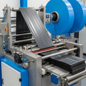 M&aacute;quina para la producci&oacute;n de bolsas de basura, mostrando rollos de pl&aacute;stico negro y proceso de fabricaci&oacute;n en un entorno industrial.