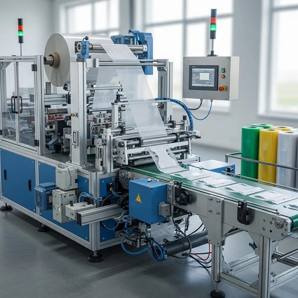 M&aacute;quina moderna para la producci&oacute;n de bolsas de chaleco en un entorno manufacturero, mostrando rollos de pl&aacute;stico y un panel de control.