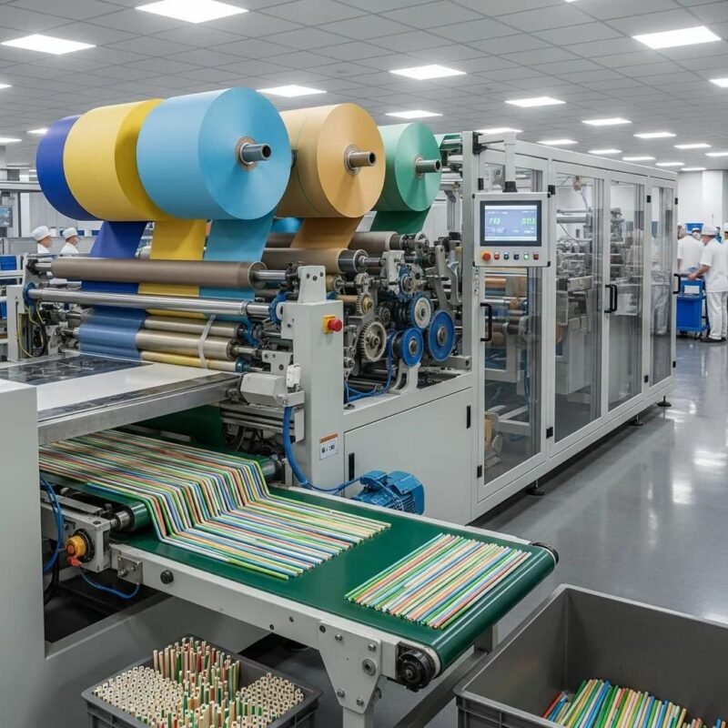 M&aacute;quina moderna de fabricaci&oacute;n de pajillas de papel con rollos de papel coloridos y pajillas biodegradables terminadas en una l&iacute;nea de producci&oacute;n.