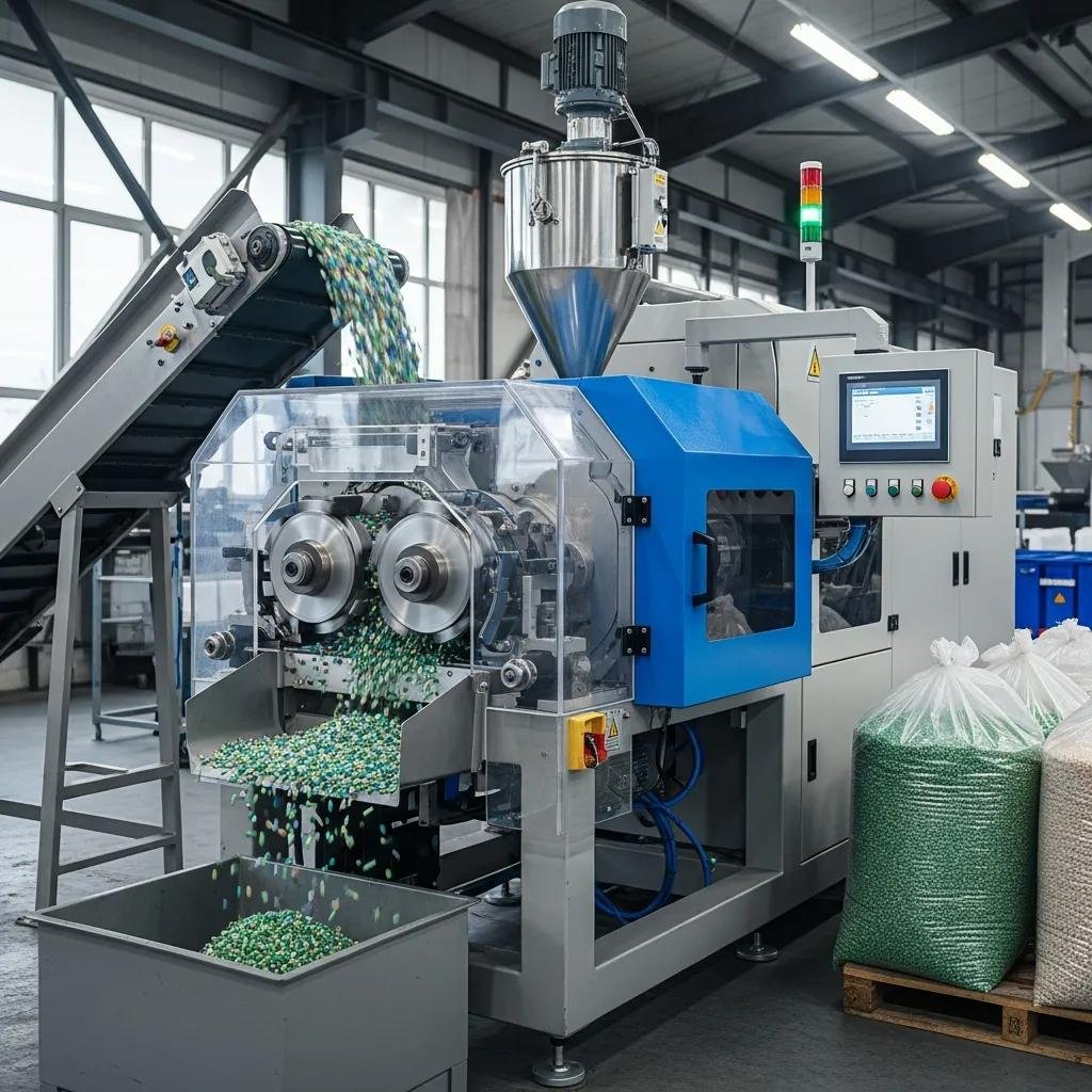 Máquina peletizadora de plástico en un entorno industrial, convirtiendo residuos plásticos en pellets uniformes, con pellets verdes fluyendo hacia un contenedor y sacos de material reciclado al lado.