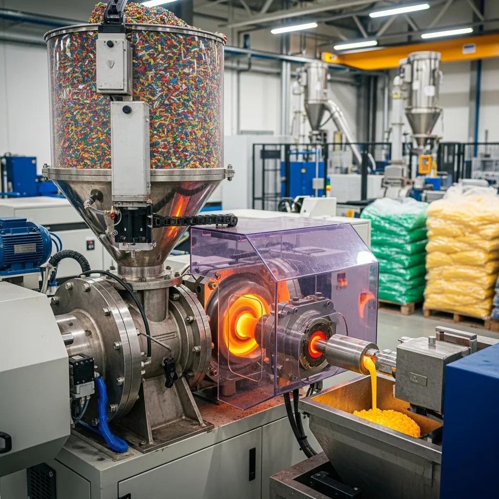 Extrusora de reciclaje de plástico procesando materiales coloridos, con recipiente superior lleno de plástico recuperado y salida de producto final en un entorno industrial.
