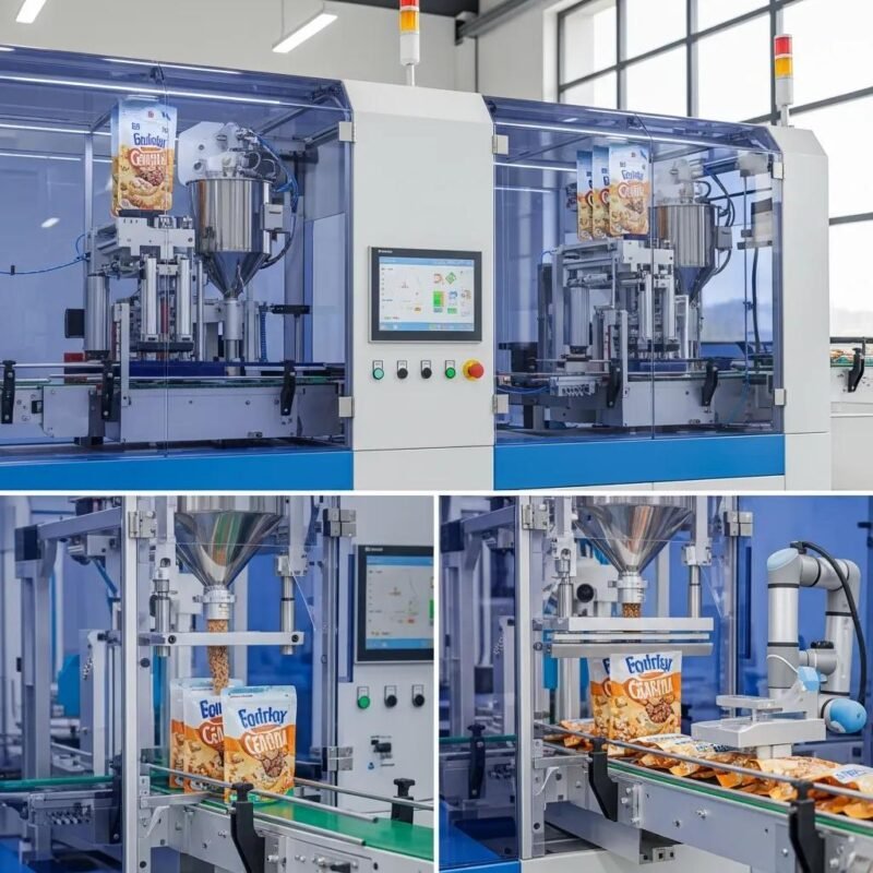 M&aacute;quina moderna de envasado de bolsas, demostrando innovaci&oacute;n en la industria del empaque flexible, con pantalla de control y productos alimenticios en proceso de llenado.