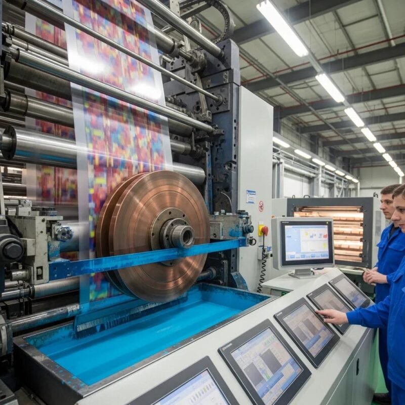 M&aacute;quina de impresi&oacute;n rotogravure moderna mostrando impresi&oacute;n en alta definici&oacute;n en pel&iacute;culas pl&aacute;sticas, con operadores ajustando controles en un entorno industrial.