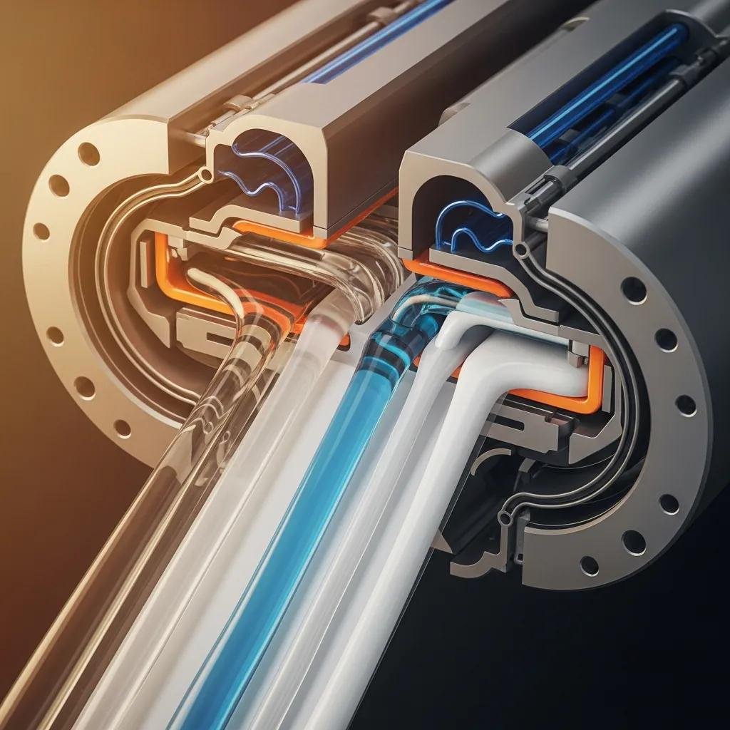 Proceso de co-extrusión de múltiples capas mostrando componentes de un extrusor de polímeros, destacando tubos de diferentes colores y capas funcionales para mejorar el rendimiento de películas de polietileno.