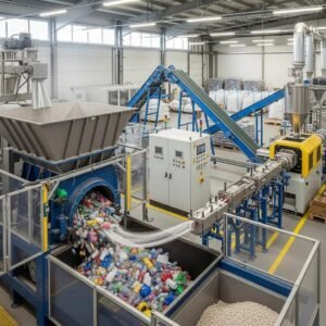 M&aacute;quina de reciclaje de pl&aacute;stico procesando residuos en una instalaci&oacute;n moderna, con contenedores de pl&aacute;stico y equipo industrial.