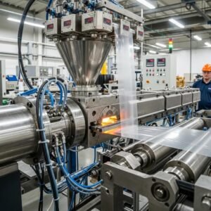 Extrusora de polietileno produciendo película plástica continua en un entorno industrial, destacando la innovación en la fabricación de bolsas de plástico.