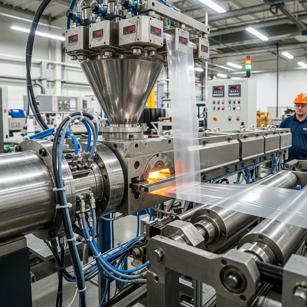 Máquina extrusora de film de polietileno produciendo película continua de polímero fundido en un entorno industrial.