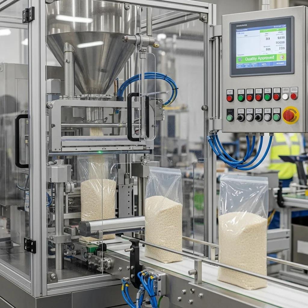 M&aacute;quina bolseadora autom&aacute;tica en acci&oacute;n, llenando y sellando bolsas con precisi&oacute;n, mostrando productos envasados y panel de control con indicadores de calidad.