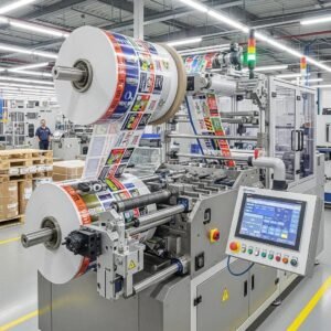 Máquina refiladora de film impreso en acción, destacando el corte preciso de materiales gráficos en un entorno de producción industrial.