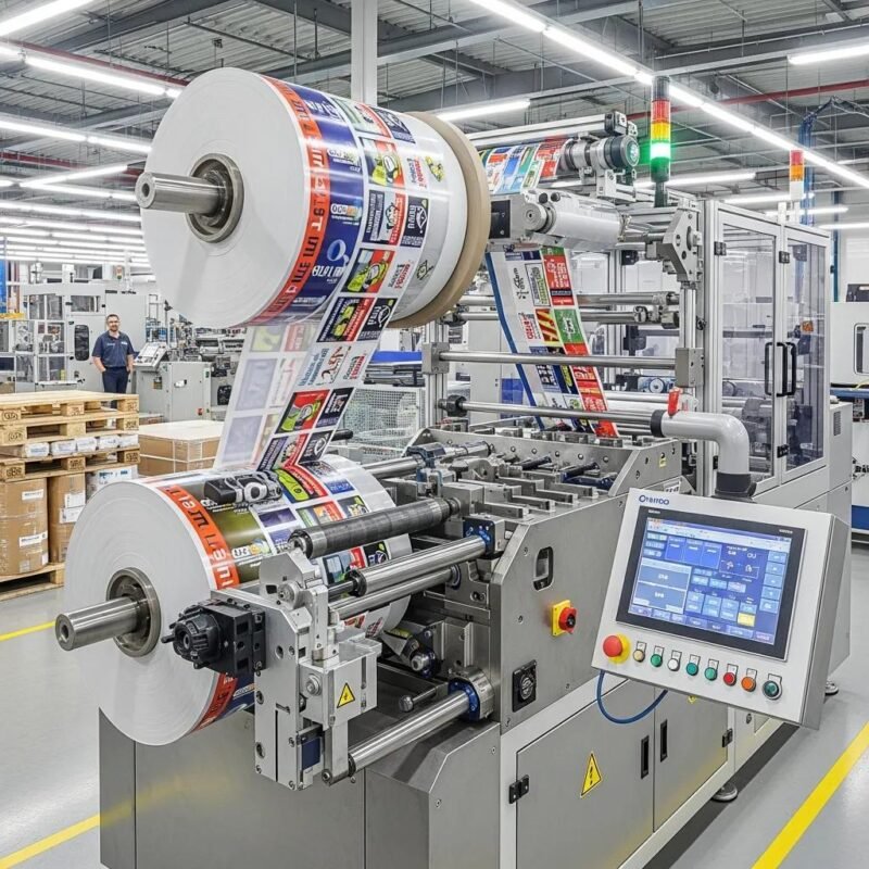 M&aacute;quina rebobinadora y cortadora de pel&iacute;cula impresa en acci&oacute;n, mostrando precisi&oacute;n en el corte de materiales gr&aacute;ficos, en un entorno de fabricaci&oacute;n de maquinaria de bolsas de pl&aacute;stico.